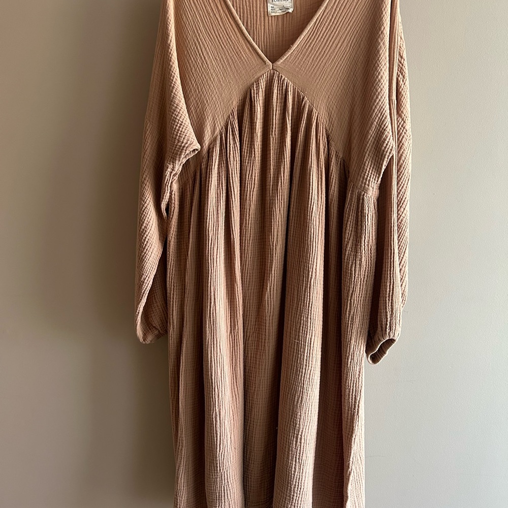 Boheme Goods The Dress Beige Cotton Gauze Long Sleeve Beige Dress - Picture 3 of 9